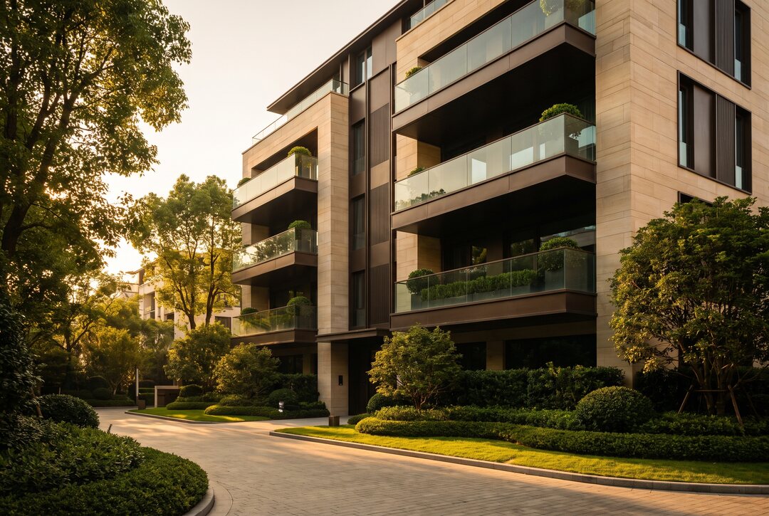 Fachada de prédio residencial de alto padrão da carteira, ao entardecer